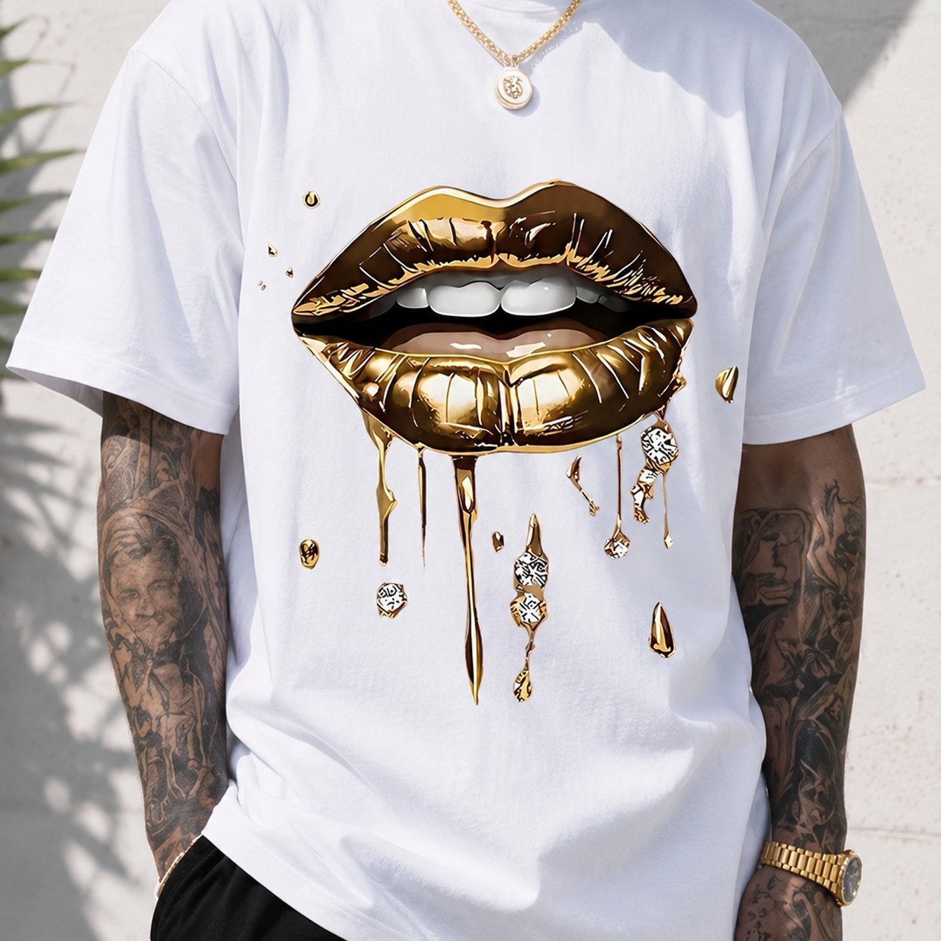 TEMU Sleek Black Glossy Kiss T-shirt ( Print With Effect) – Stylish Short-sleeve Crew Neck Summer Essential, , | Trendy Glam T-shirt | Unisex Fashion