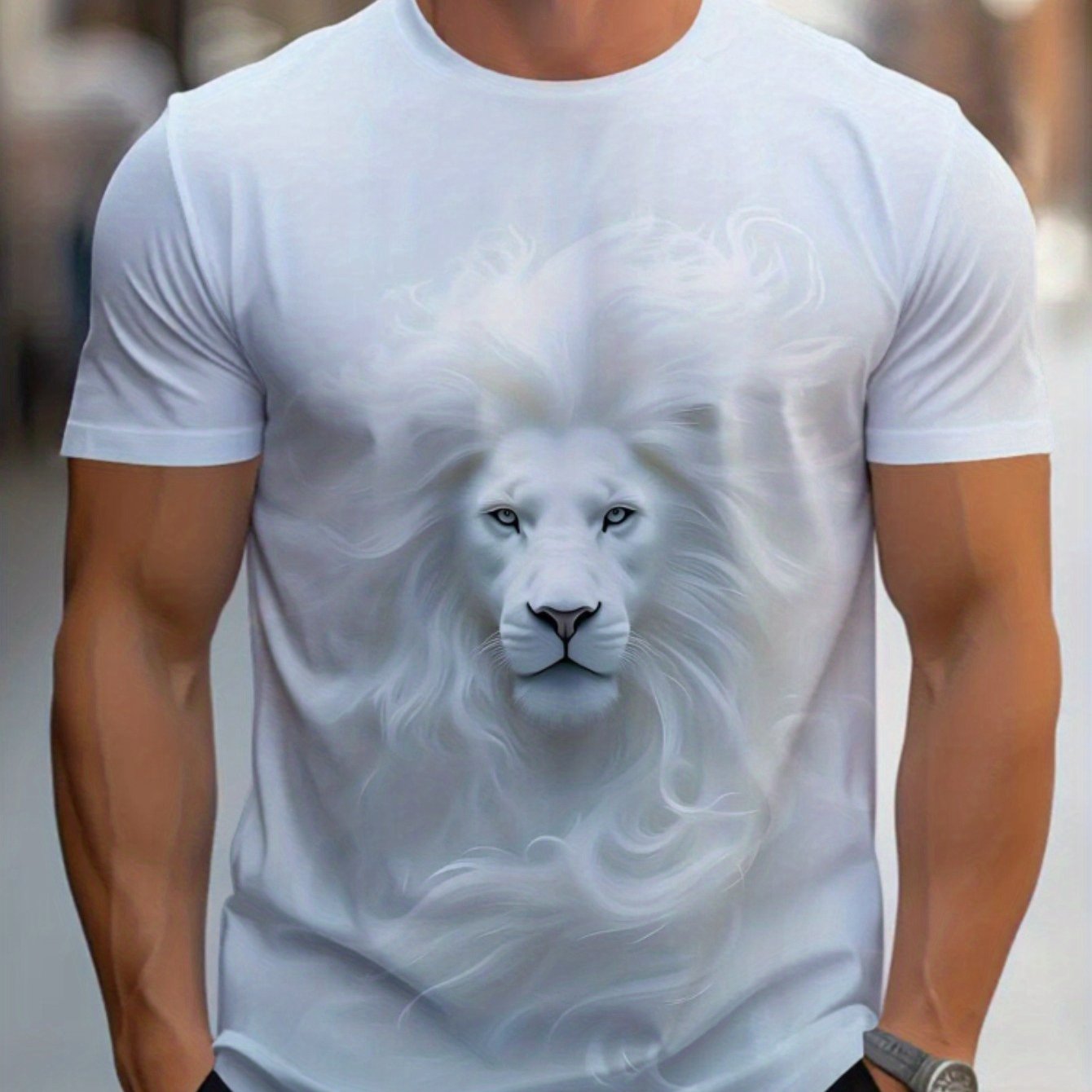 TEMU T-shirt unisexe à imprimé lion (Design de ) – T-shirt blanc à manches courtes et col rond, style été, et décontracté, coupe décontractée |