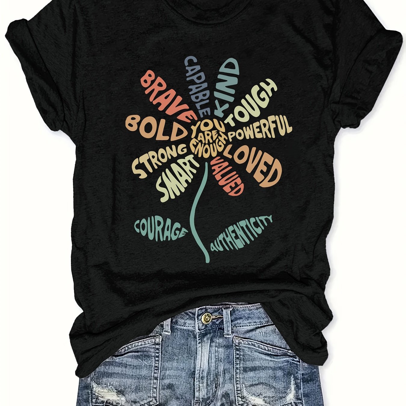 TEMU T-shirt à motif floral avec affirmation positive pour une tenue décontractée de tous