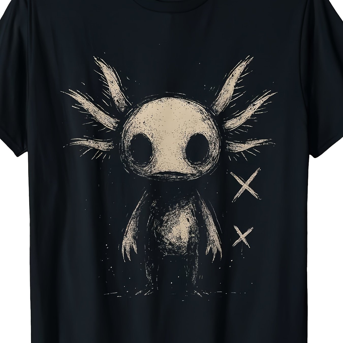 TEMU T-shirt Axolotl Emo Goth Unisexe Col Rond Imprimé Peinture Motif Style Vintage Couleur Unie Tissu Légèrement Extensible Coupe Standard
