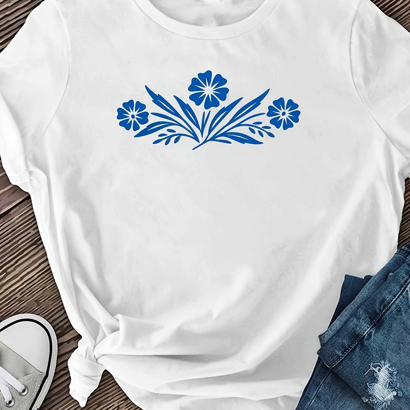 TEMU T-shirt à imprimé floral, d'un style effort, parfait pour décontractées.