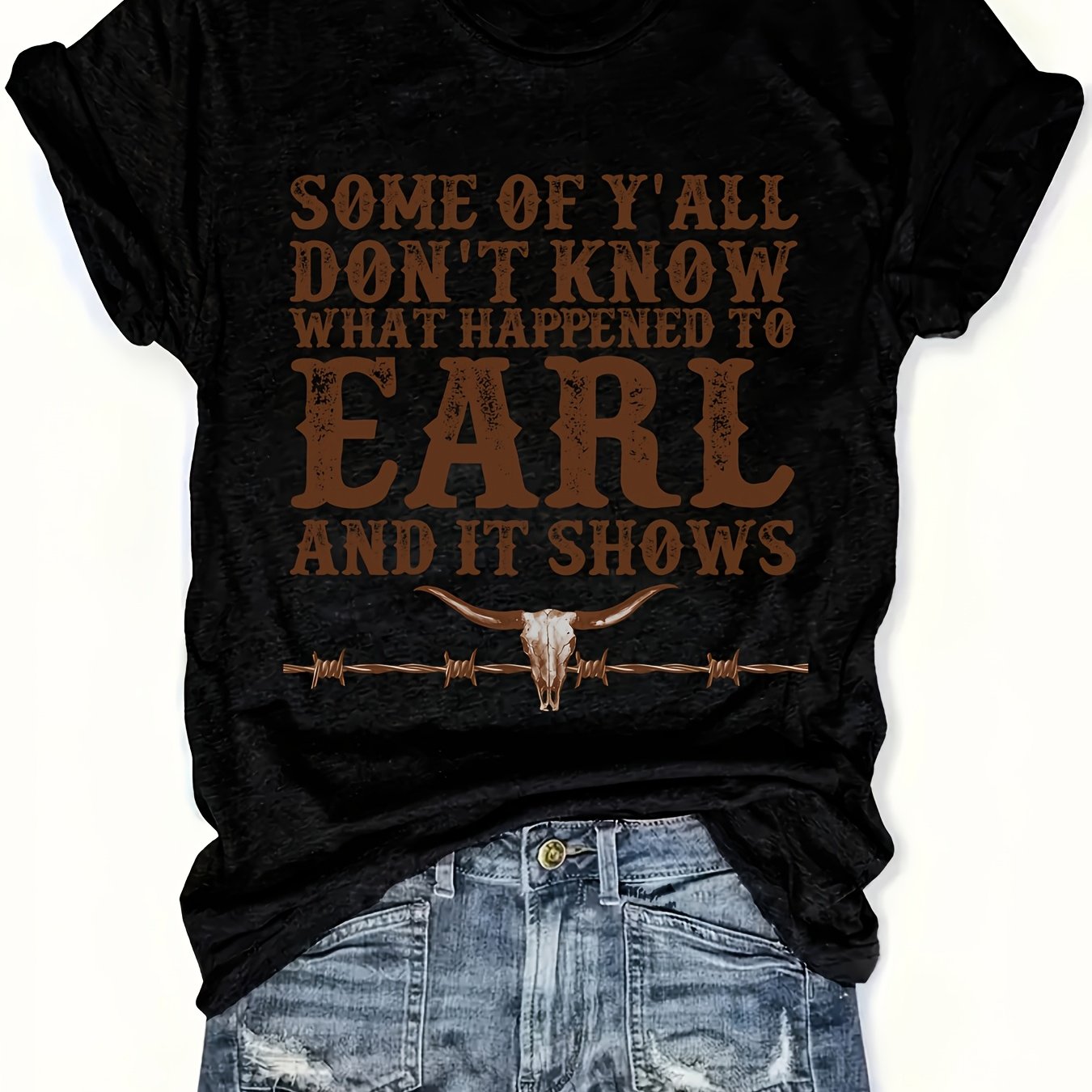 TEMU Casual Short-sleeve Top For Women's Featuring A Retro Western Style With A Printed Round Neck Made From Semi-transparent Fabric It's Machine