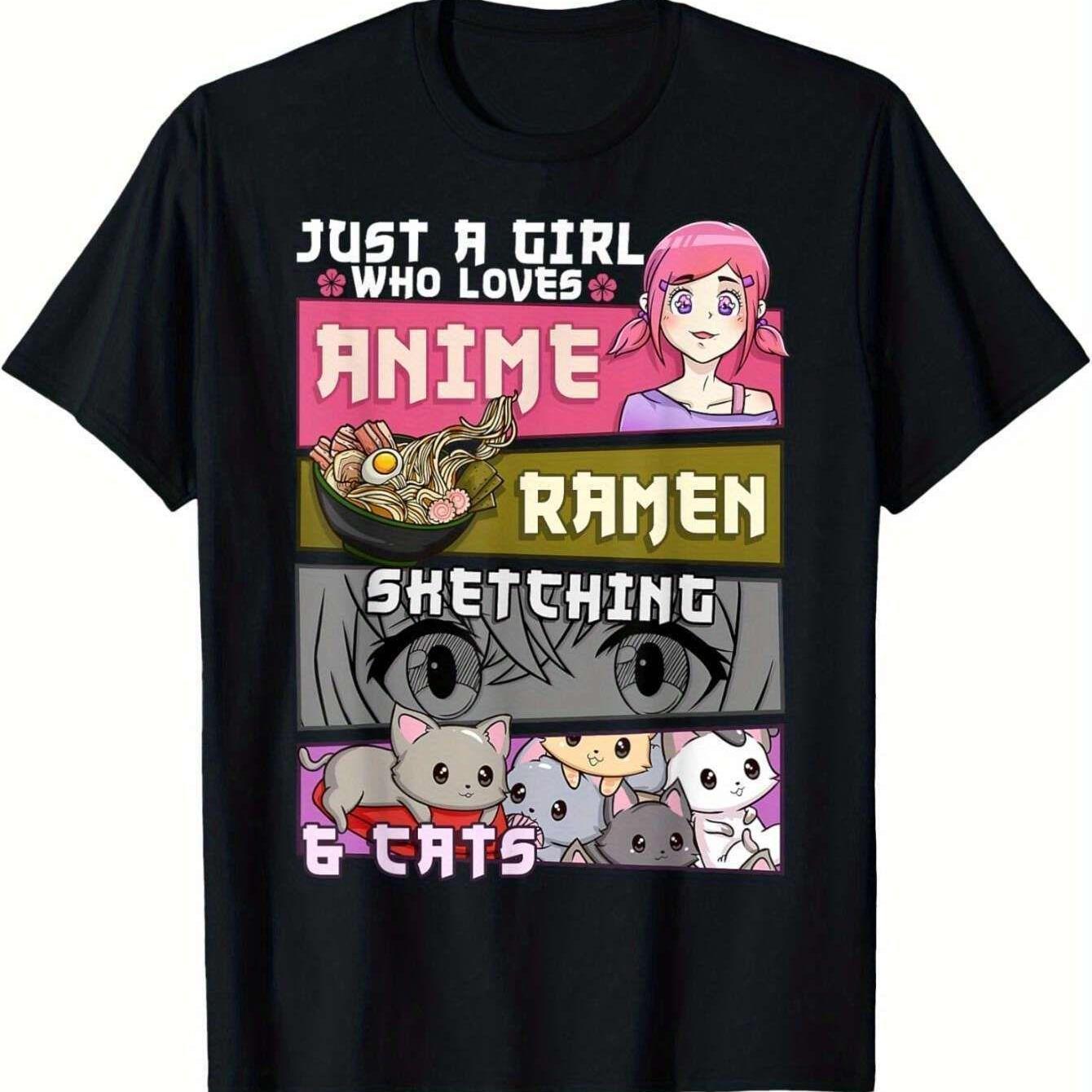 TEMU Unisex Casual Printed T-shirt (anime, Ramen, Sketching, And Cats) – Black Short-sleeve Crew Neck Summer Style, Trendy Essential, Relaxed Fit |