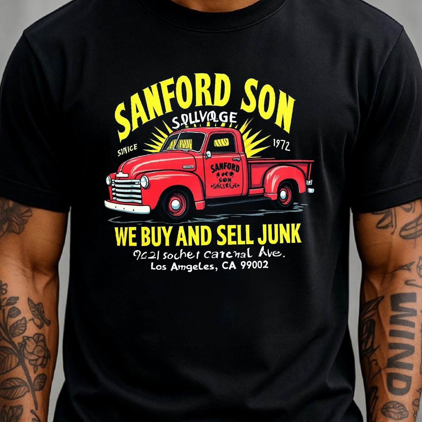 TEMU T-shirt noir graphique coloré avec imprimé Son Salvage, camionnette vintage emblématique depuis 1972, streetwear décontracté pour un style