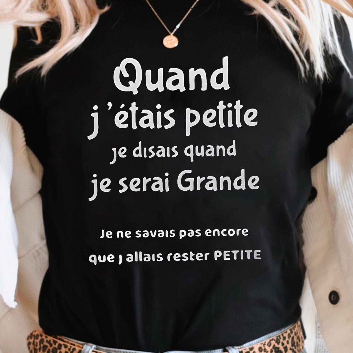 TEMU T-shirt à manches courtes et col rond avec imprimé "Quand J'Étais Petite" - Haut décontracté pour l'été et , vêtements de mode saisonniers pour