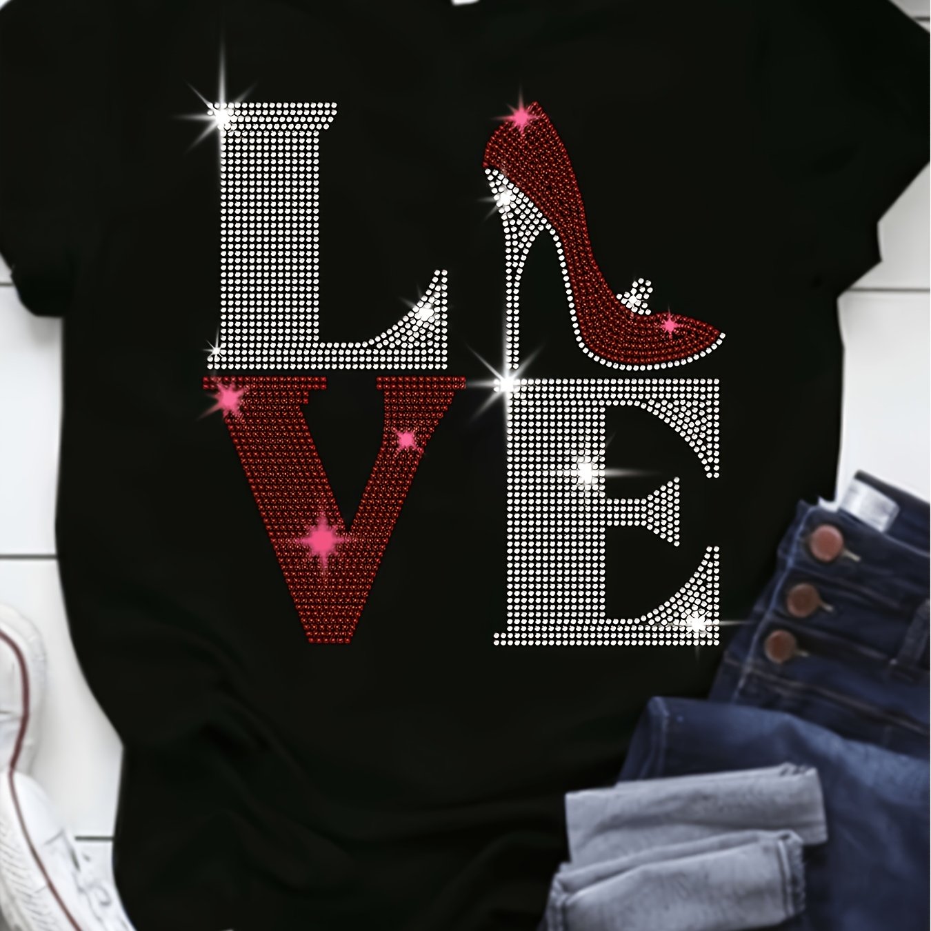 TEMU T-shirt décontracté à imprimé pour femme, col ras du cou, t-shirt graphique , t-shirt à imprimé , t-shirt vintage, tenue de tous , , entrepôt