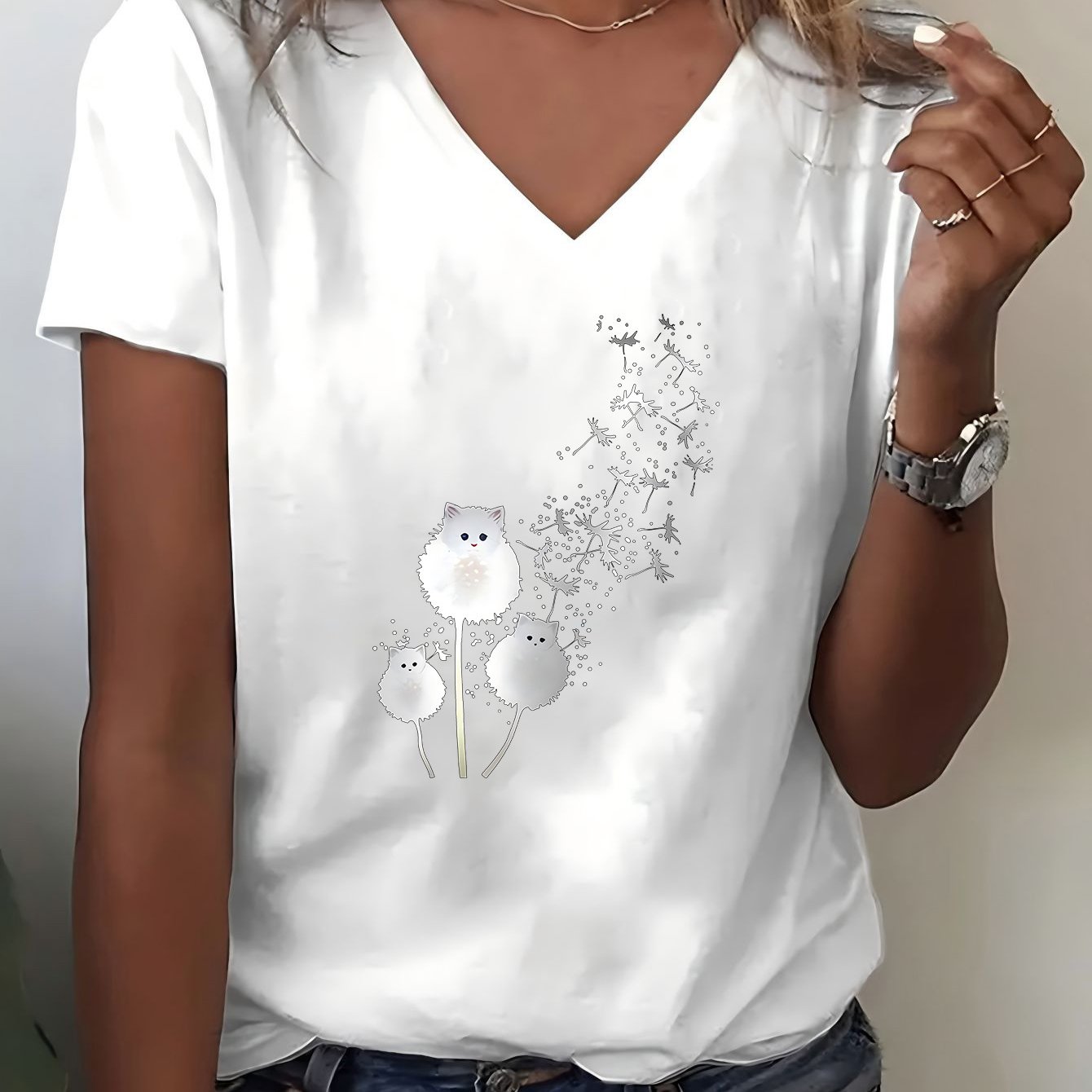 TEMU T-shirt graphique avec motif de chat fantaisiste, T-shirt ludique et pour tous , T-shirt confortable, léger et aéré, parfait pour des chats.