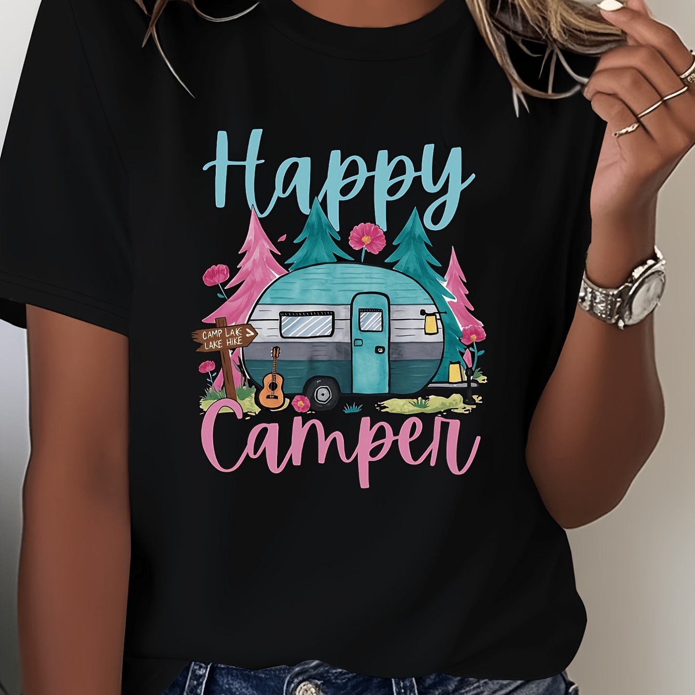 TEMU T-shirt graphique grande taille pour femme « » avec motif de camping-car et de , texte « », extensibilité moyenne, coupe ample et confortable,