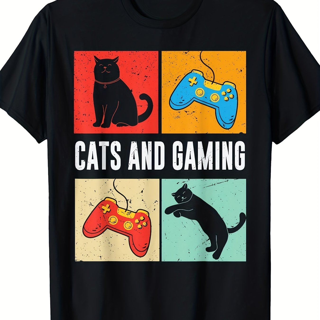 TEMU T-shirt Chats et Jeux Vidéo pour Amoureux des Chats et Joueurs, T-shirt Ample et Confortable à Manches Courtes pour Homme, Noir