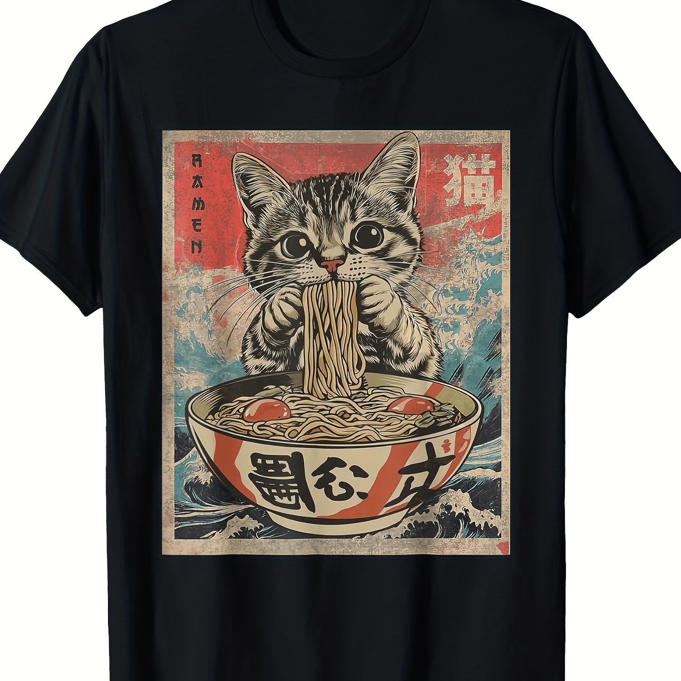 TEMU T-shirt Vintage Chat Ramen Bowl – d'été à manches courtes et col , design ludique, coupe décontractée | Adorable T-shirt Chat Mangeant des