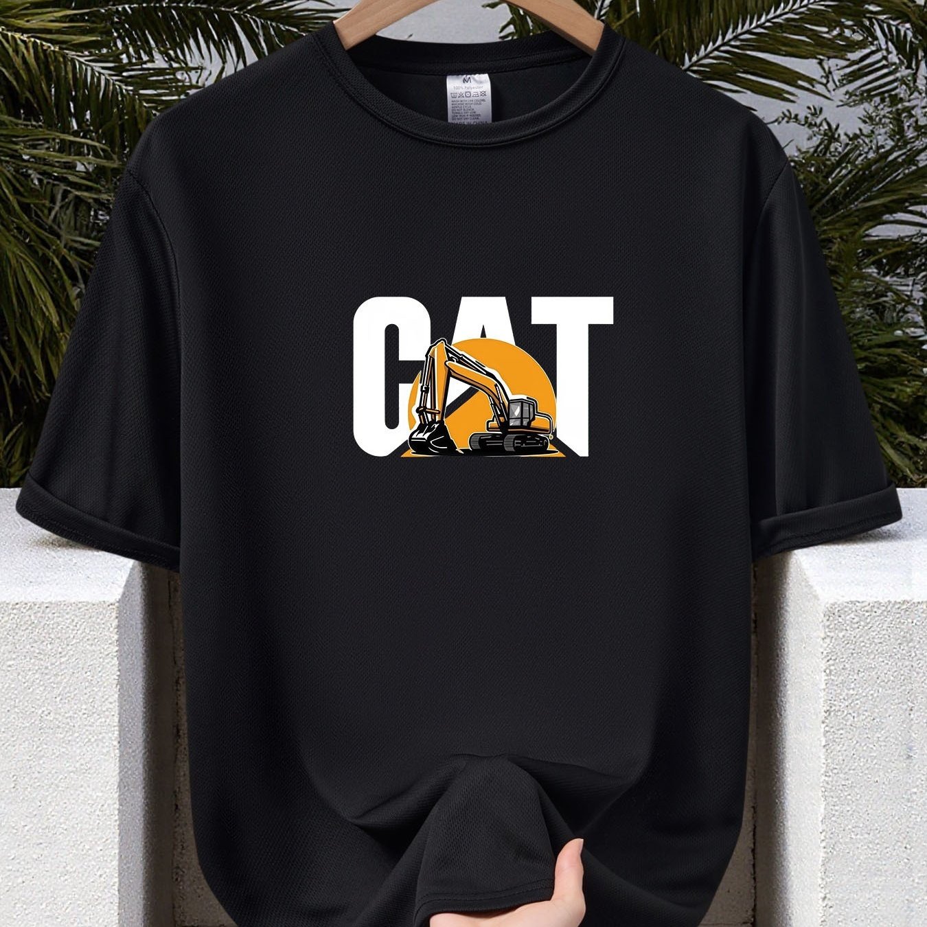 TEMU Men's Black Short Sleeve T‑shirt Men's Black Round Neck Tshirt Polyester, Mesh Breathable , Minimalist Excavator Design, Summer Casual Athletic