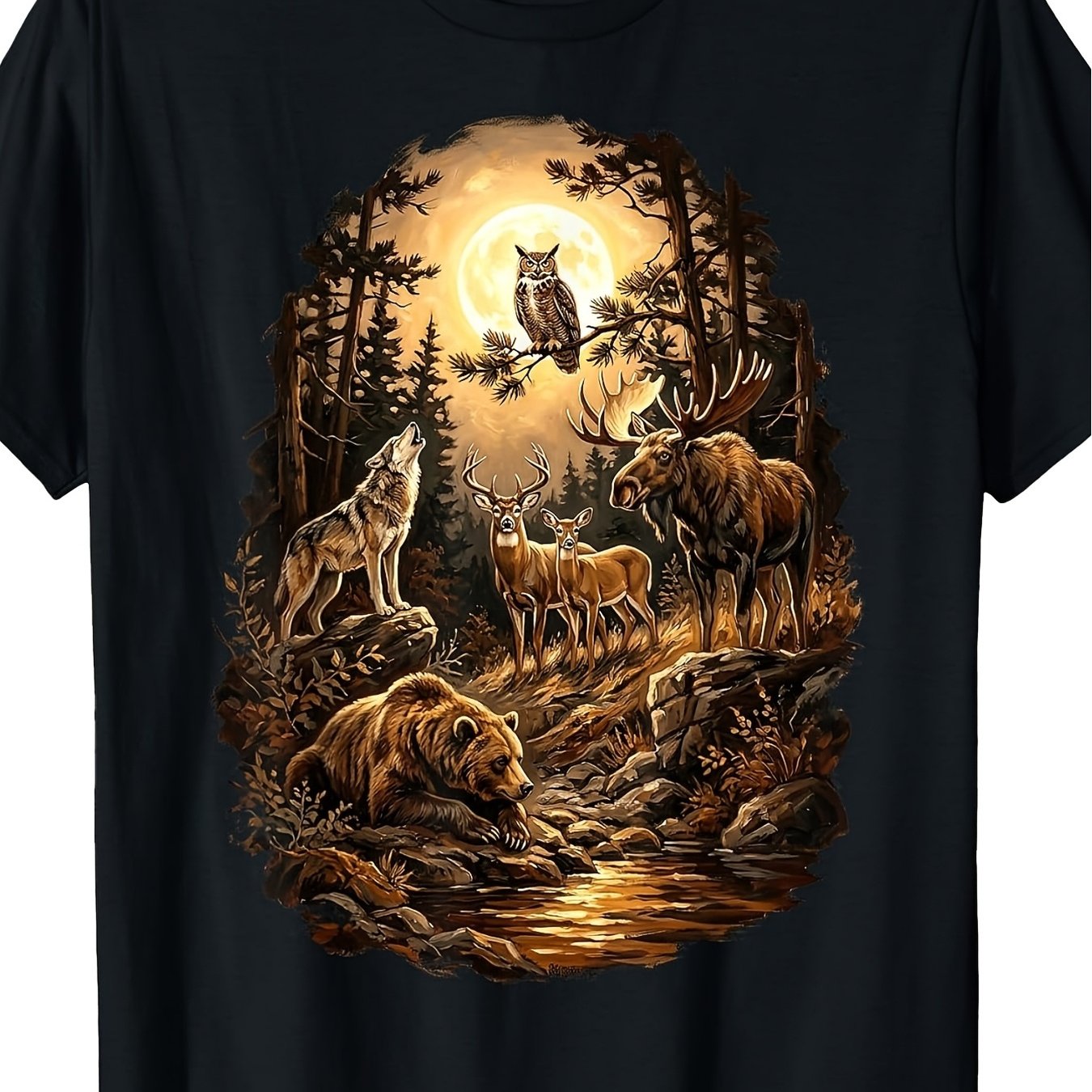 TEMU T-shirt unisexe à col rond rétro sur le thème de la forêt avec motif ours, loup, , cerf, , lune, idéal pour l'extérieur et les activités