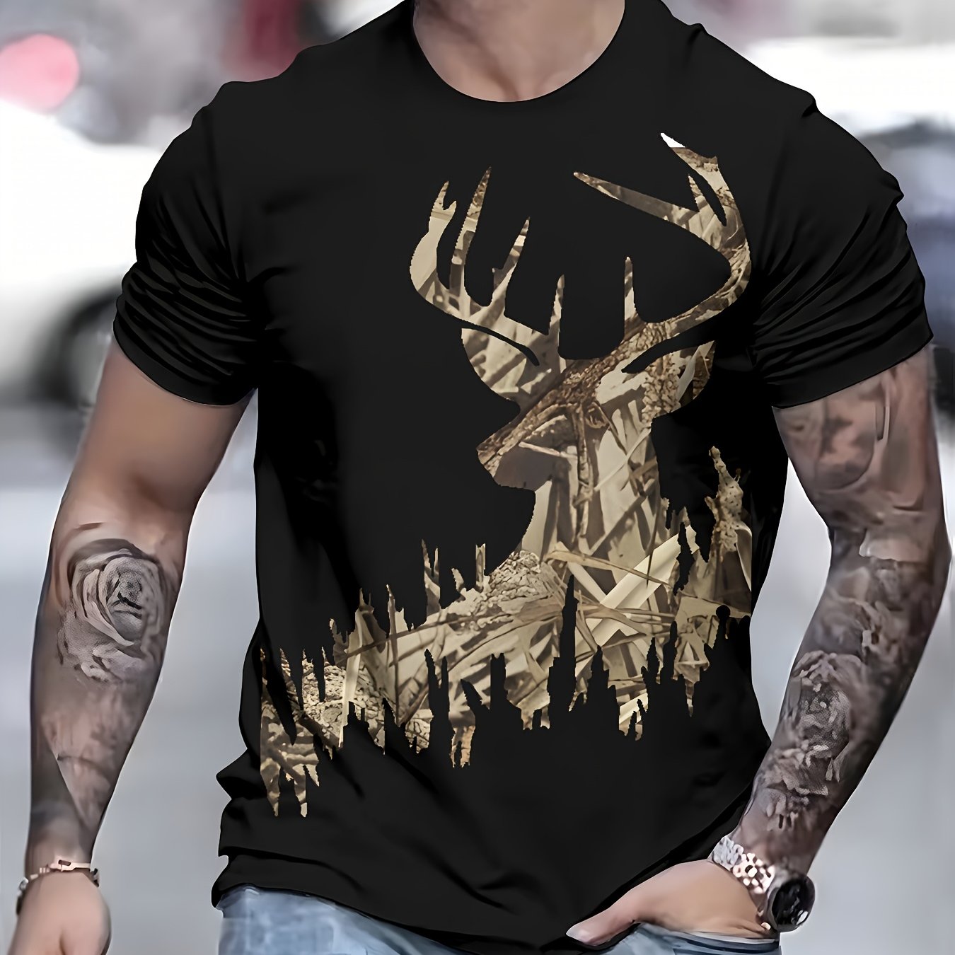 TEMU T-shirt Graphique Cerf Majestueux – Noir à Manches Courtes et Col Ras du Cou, Style d'Extérieur Tendance, Décontracté, Coupe Décontractée |