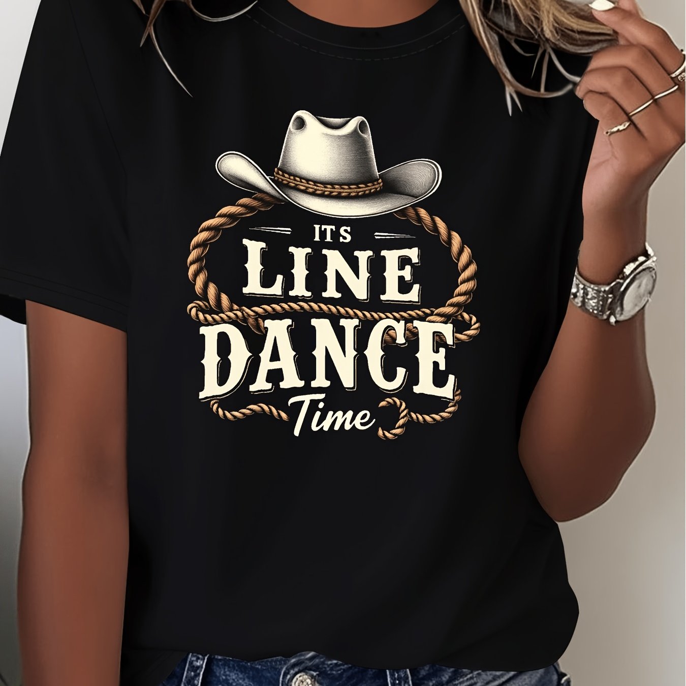 TEMU Country Dance Vibe Women's Short Sleeve T-shirt For Spring Summer With Round Neck Featuring Cowboy Hat Rope And Printed Text Lightweight Casual