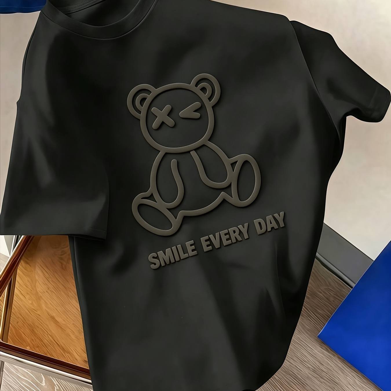 TEMU T-shirt américain style 230g en épais à manches courtes, imprimé 2D en mousse d'ours de marque streetwear, coupe ample, taille S, haut à manches