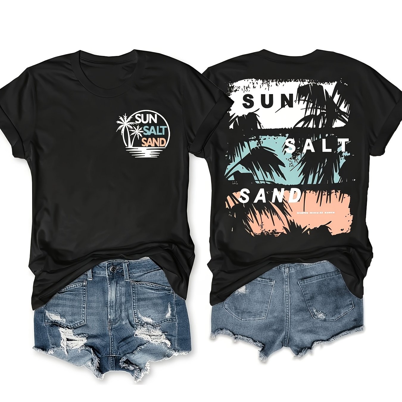 TEMU T-shirt à motif imprimé pour femmes, décontracté, col rond, manches courtes, haut d'été et printemps, mode, polyester, longueur standard, tissu,