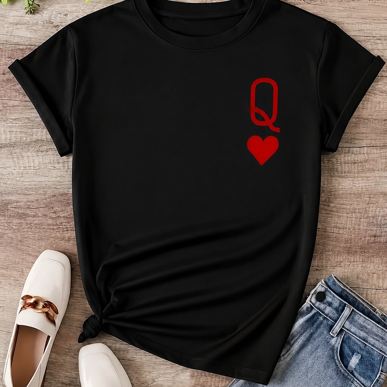 TEMU T-shirt graphique Reine de Cœur, Cadeau pour les amateurs de jeux de cartes, Haut décontracté de tous
