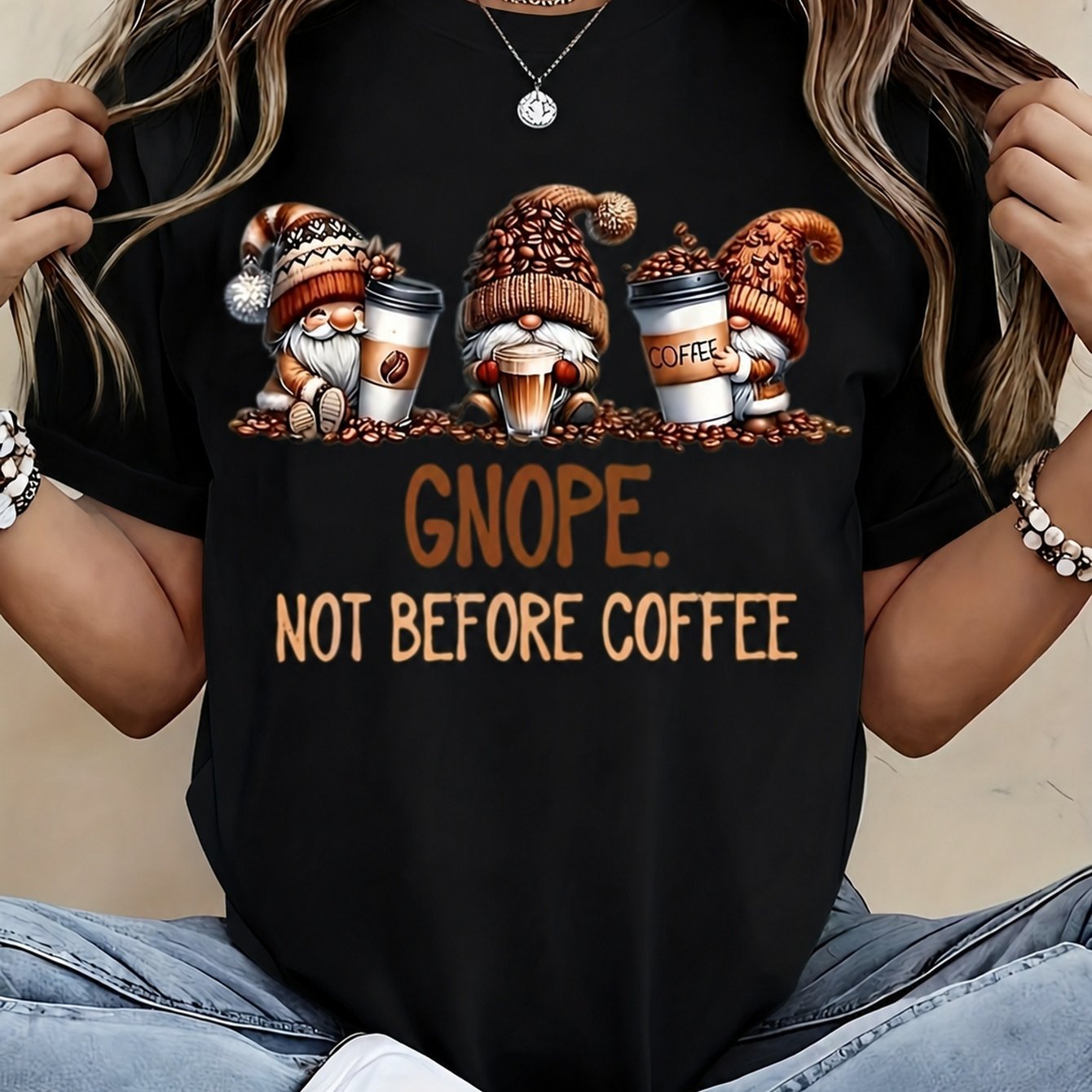 TEMU T-shirt Graphique Gnope Not Before Coffee, Cadeau pour Amateurs de Café et de Gnomes, Style Décontracté