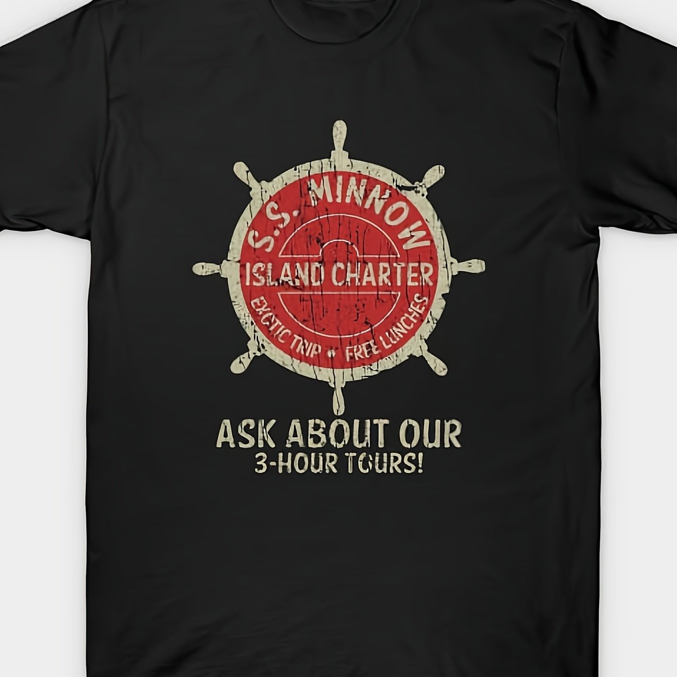 TEMU S.s. Minnow Adventure T-shirt (vintage Boat Wheel Design) – Black Short-sleeve Crew Neck Summer Essential, Nautical Vibes, Relaxed Fit | Island