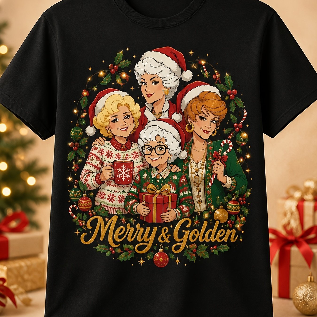 TEMU T-shirt unisexe pour hommes et garçons, motif de Noël joyeux et doré, dessin animé, doux, toutes saisons, streetwear décontracté, , alléable,