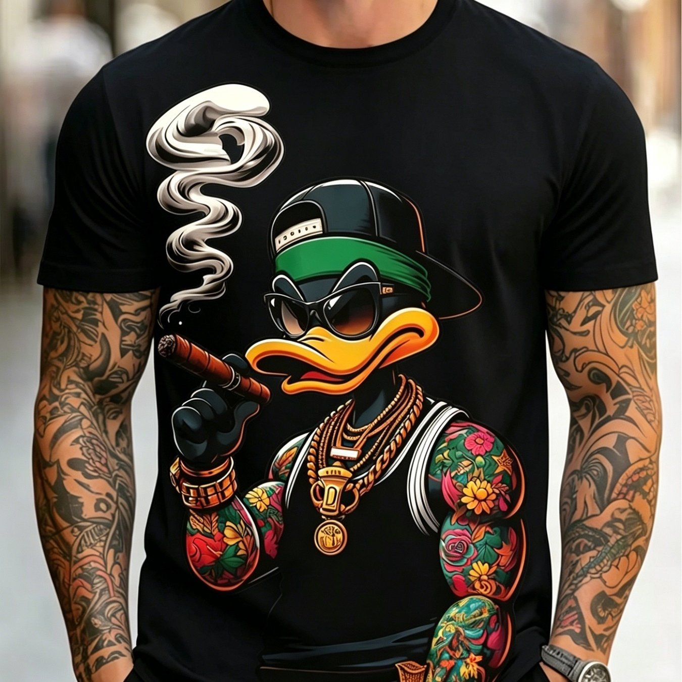 TEMU T-shirt Homme Imprimé Canard – T-shirt brillant et noir, style à col rond, idéal pour le streetwear d'été et les activités de . T-shirt