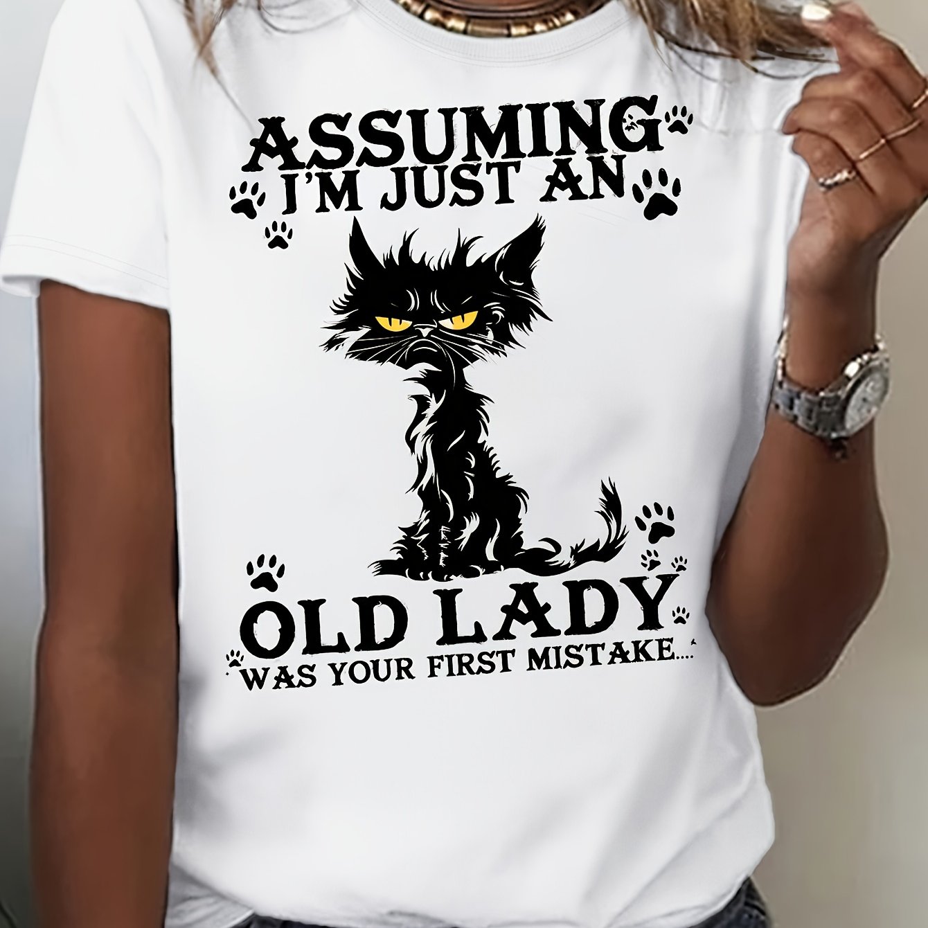 TEMU T-shirt fantaisie des chats ( de vieille dame ) – d'été blanc à manches courtes et col ras du cou, style amusant et décontracté | T-shirt