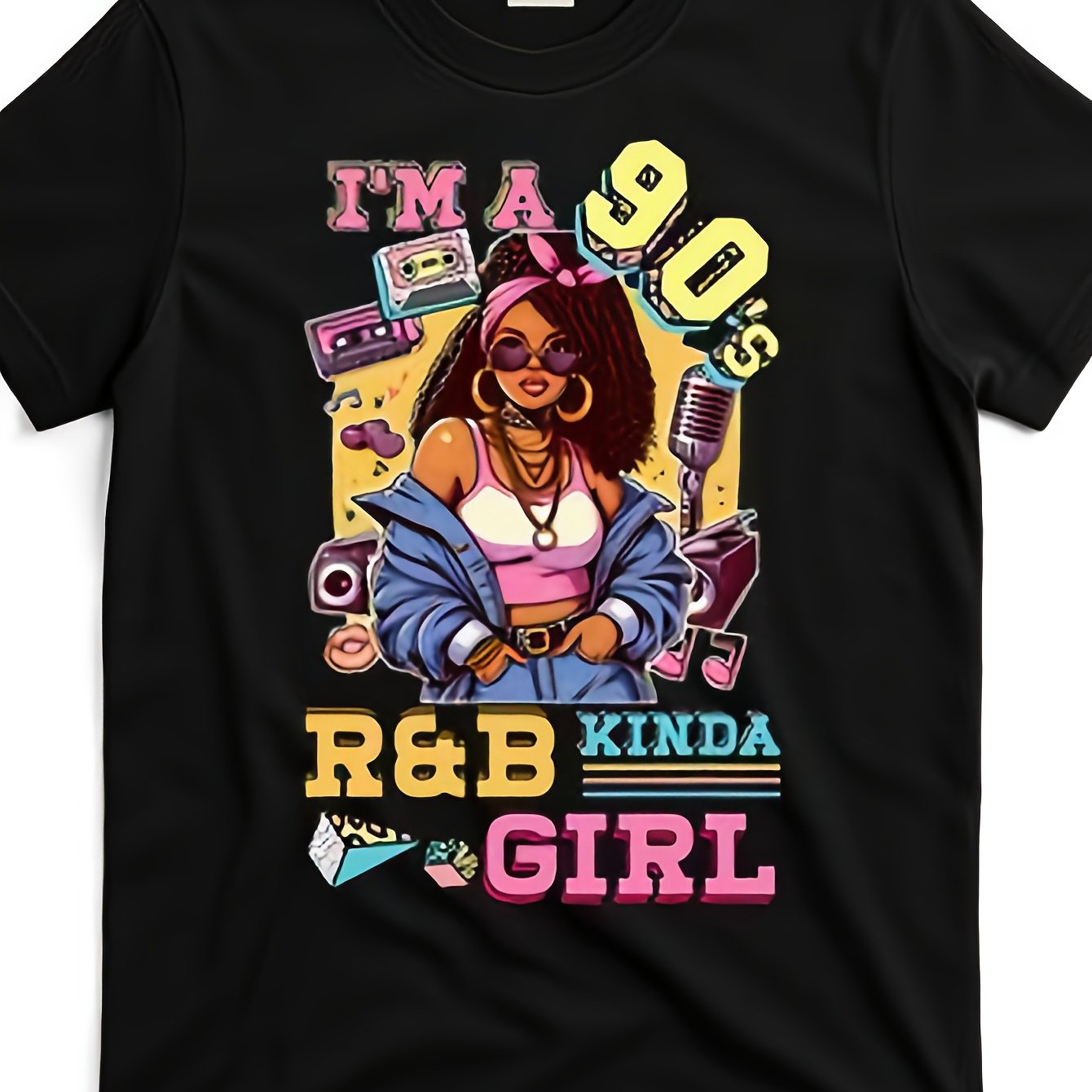 TEMU T-shirt graphique unisexe "Vibes R&B des années 90" – Style rétro avec , manches courtes et col rond, imprimé | T-shirt nostalgique pour filles