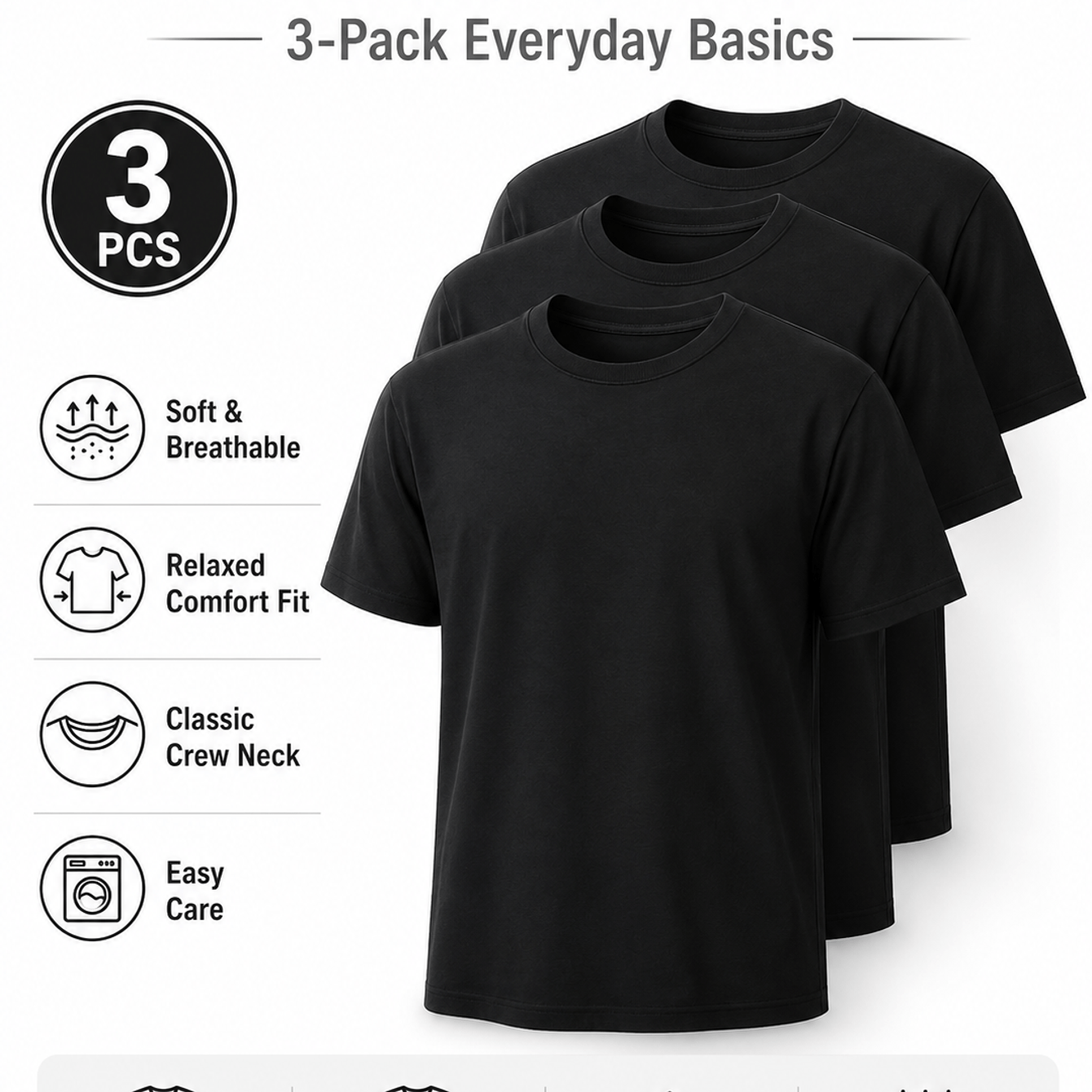 TEMU Lot de 3 T-shirts Noirs pour Homme, Tee-shirts à Manches Courtes et Col Rond, Chemises Décontractées Simples pour un Usage et une Association