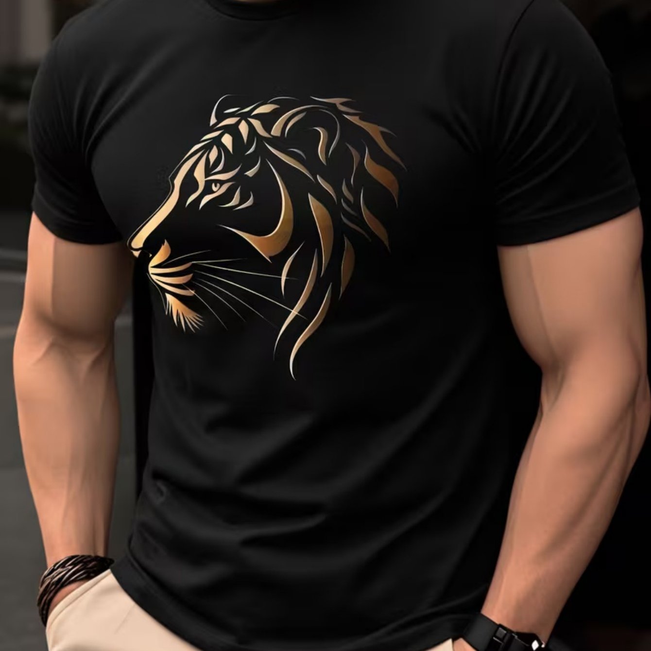 TEMU T-shirt Graphique Lion – Noir à Manches Courtes et Col Ras du Cou, Style Sauvage Attrayant, du , Coupe Confortable | T-shirt Imprimé Lion |