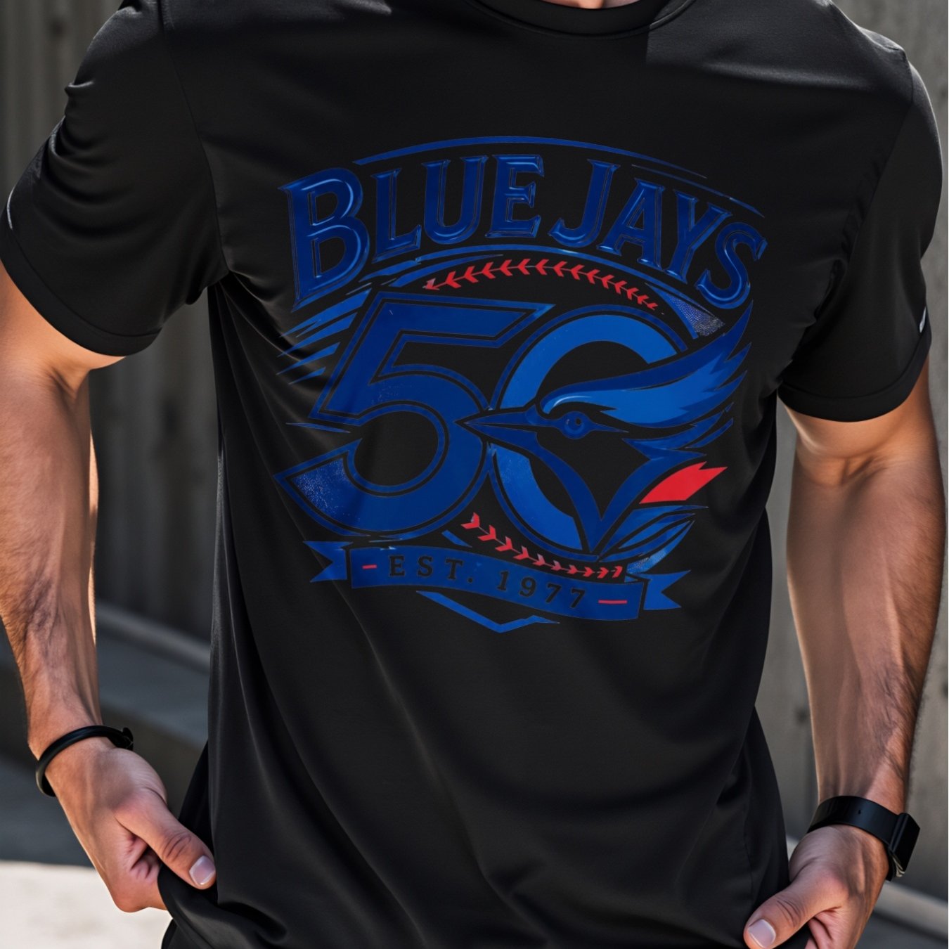 TEMU T-shirt pour homme Jays 50e anniversaire, col ras du cou avec logo Jays imprimé, coupe ample, design d'équipe de baseball, tenue décontractée