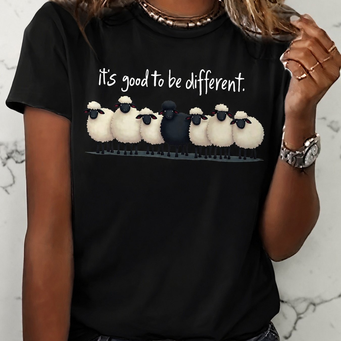 TEMU T-shirt graphique « d'être différent » avec , cadeau pour des moutons, haut décontracté de tous