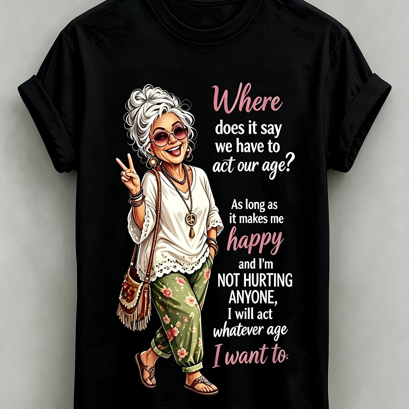 TEMU Vêtements décontractés Streetwear Sassy Grandma Apparel Boho Vieille Dame T-shirt Graphique Adolescente Col Rond Manches Courtes Drôle sur l'âge
