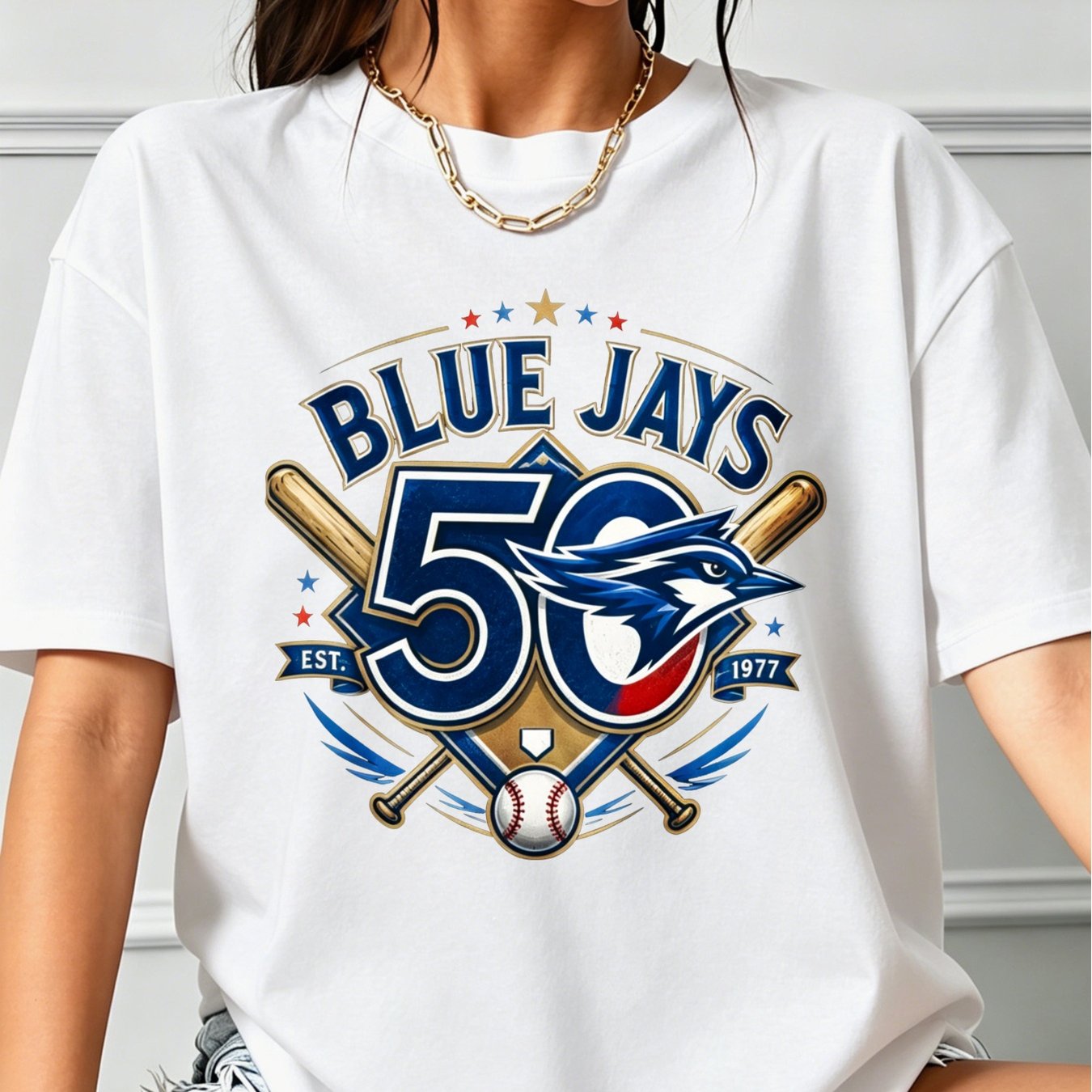 TEMU T-shirt blanc Jays 50e anniversaire avec logo et motif de batte et balle de baseball, à manches courtes, convient pour une tenue décontractée et