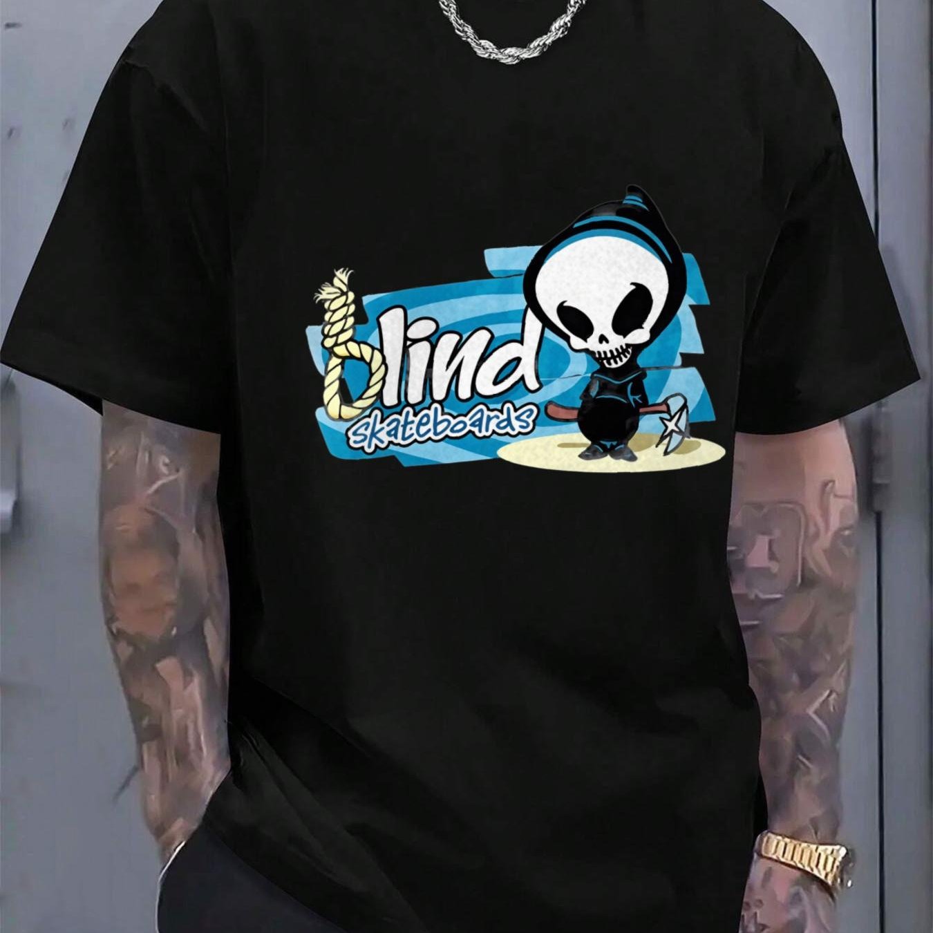 TEMU T-shirt unisexe 2025 avec un design au skateboard The Blind, parfait pour les passionnés de skateboard
