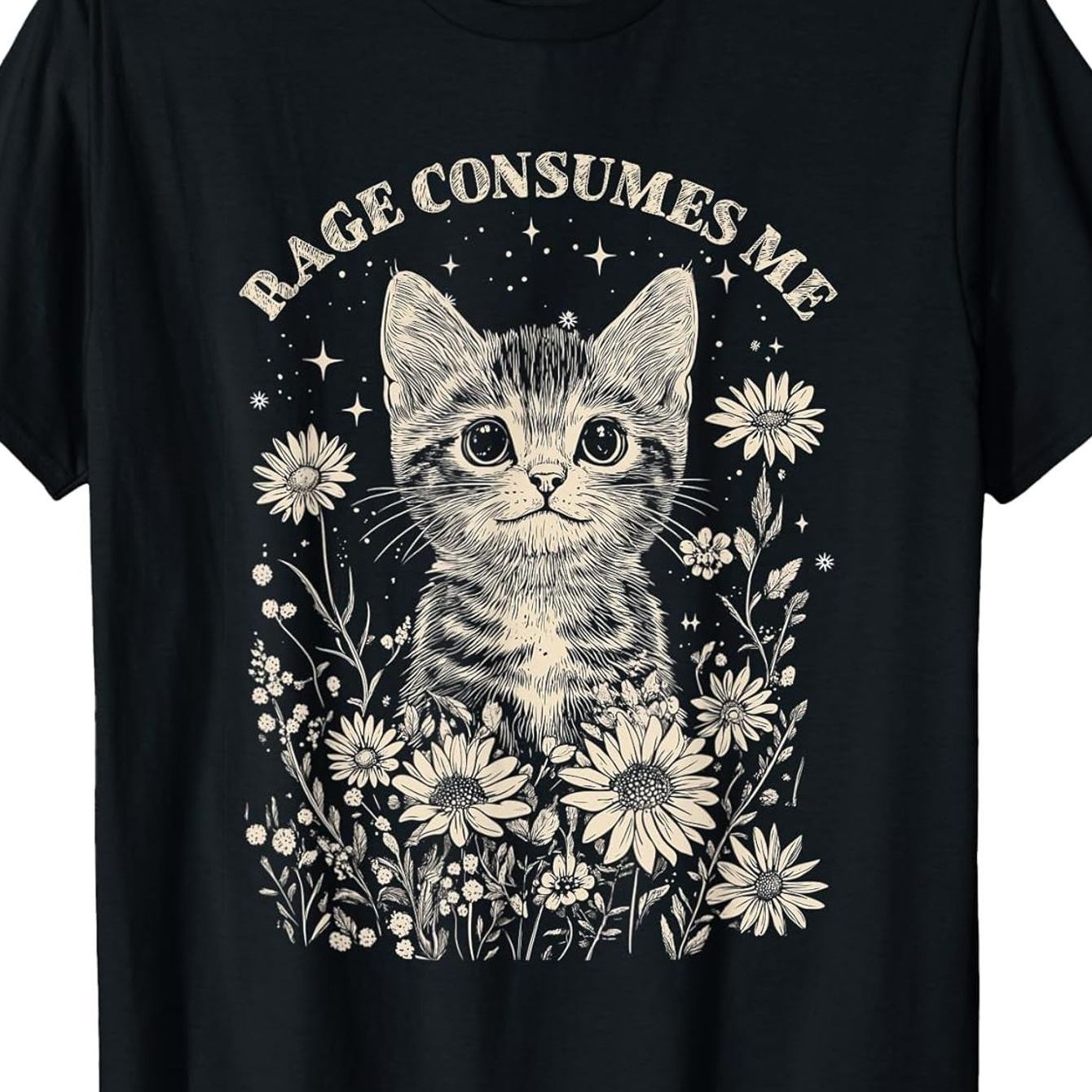 TEMU T-shirt Adorable Chat Floral (Design Rage Consumes Me) – Noir, Manches Courtes, Col Rond, d'Été, Décontracté et Cool, Coupe Relaxée | T-shirt