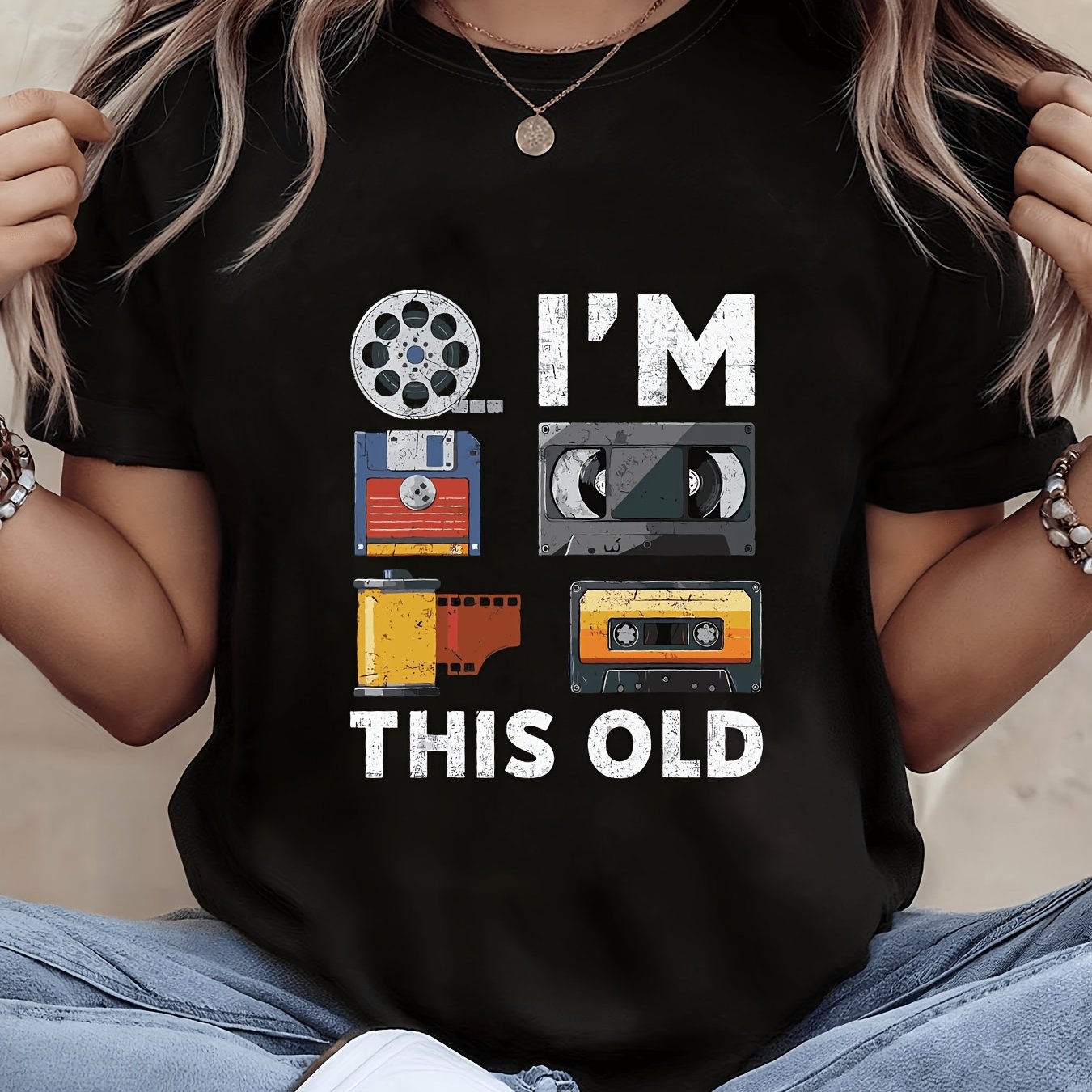 TEMU Nostalgia I Am This Old Floppy Disk & Cassette Graphic Print Women's T Shirt Short Sleeve Crew Neck Casual Top For Summer & Spring Women's