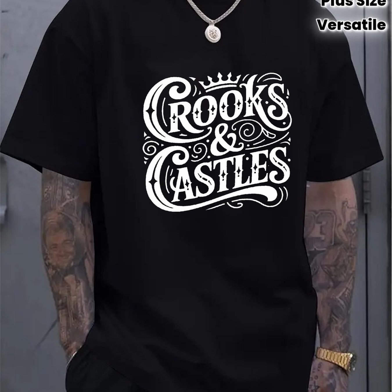 TEMU T-shirt noir And Castles pour homme avec logo imprimé blanc - streetwear, mode , style décontracté hip-hop, manches courtes, col rond, coupe