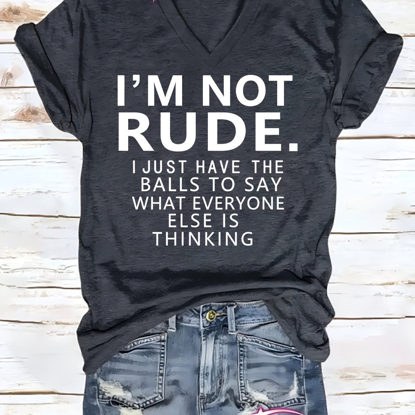 TEMU T-shirt à col en V, Exprimez vos pensées, Chic décontracté !