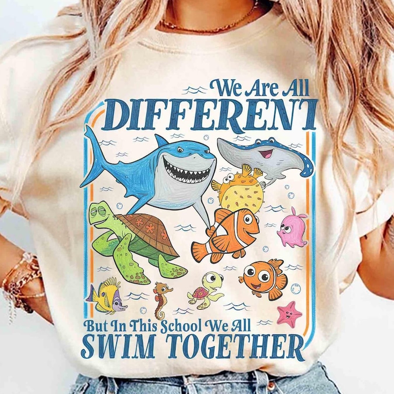 TEMU T-shirt avec « sommes tous différents mais dans cette école nageons tous ensemble » T-shirt de personnages du film de Nemo T-shirt d'acceptation
