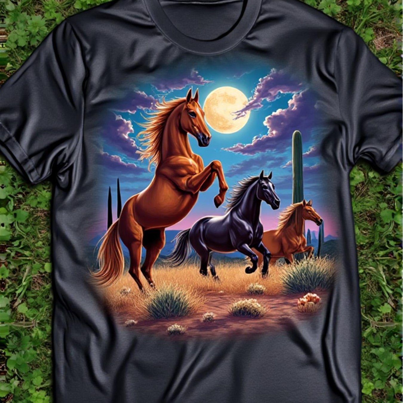 TEMU T-shirt imprimé "Mustangs au " : chevaux et noirs galopant dans le ciel violet, haut noir délavé pour homme