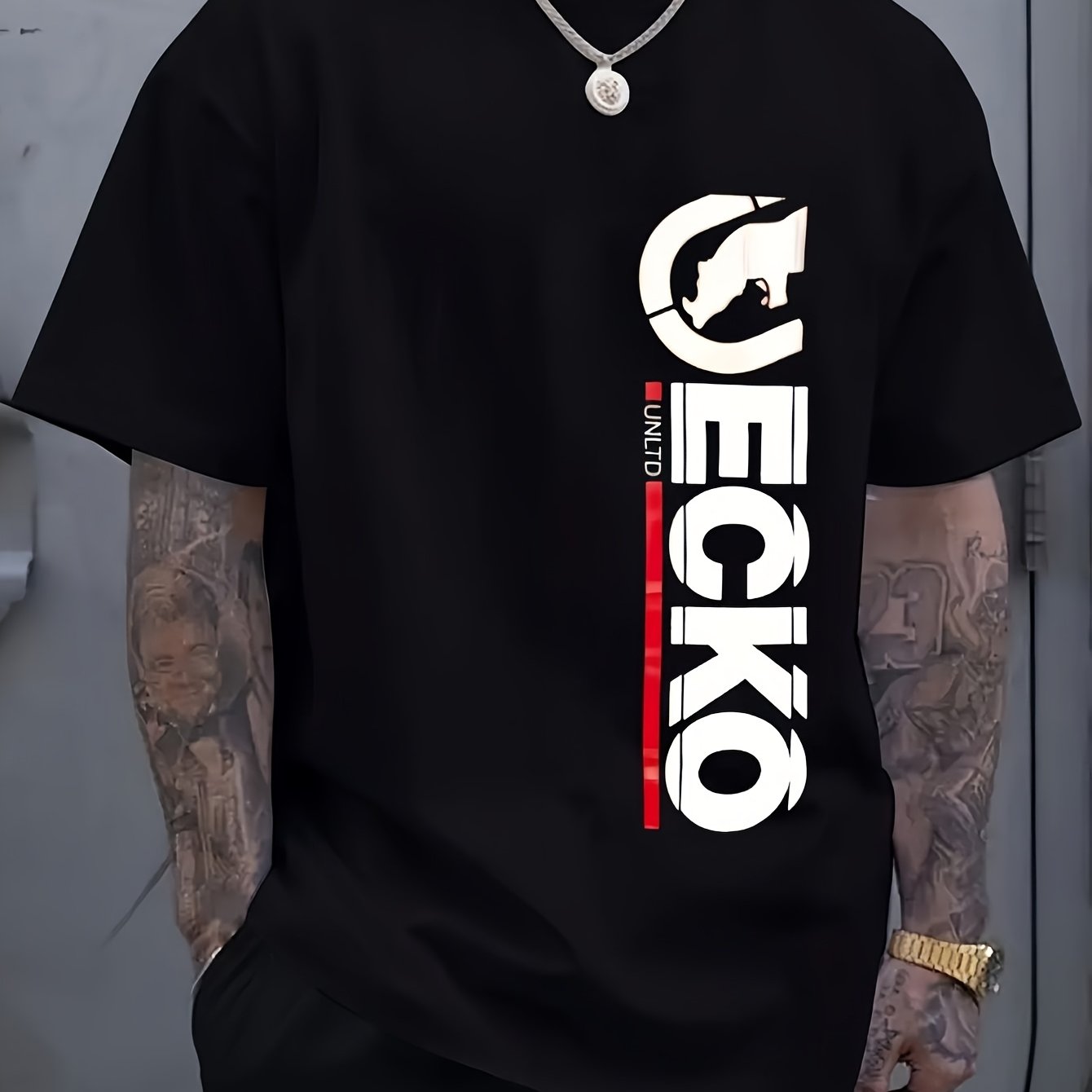 TEMU T-shirt streetwear noir imprimé pour homme avec lettrage accrocheur, logo tête de chien et lettrage rouge UNITED ; col ras du cou, manches