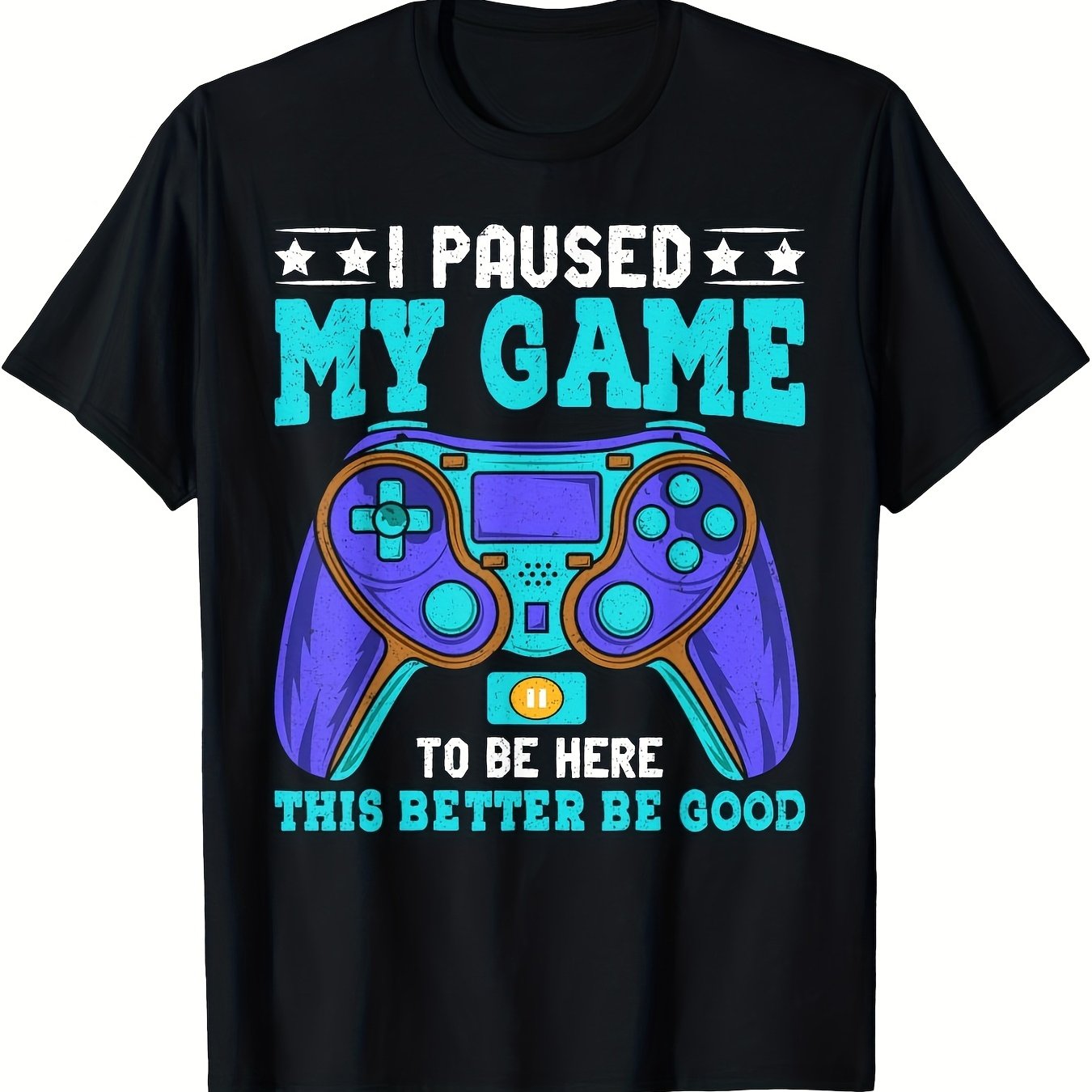 TEMU T-shirt humoristique de gaming unisexe (J'ai mis mon jeu en pause pour ça) – Noir, manches courtes, col ras du cou, décontracté, coupe