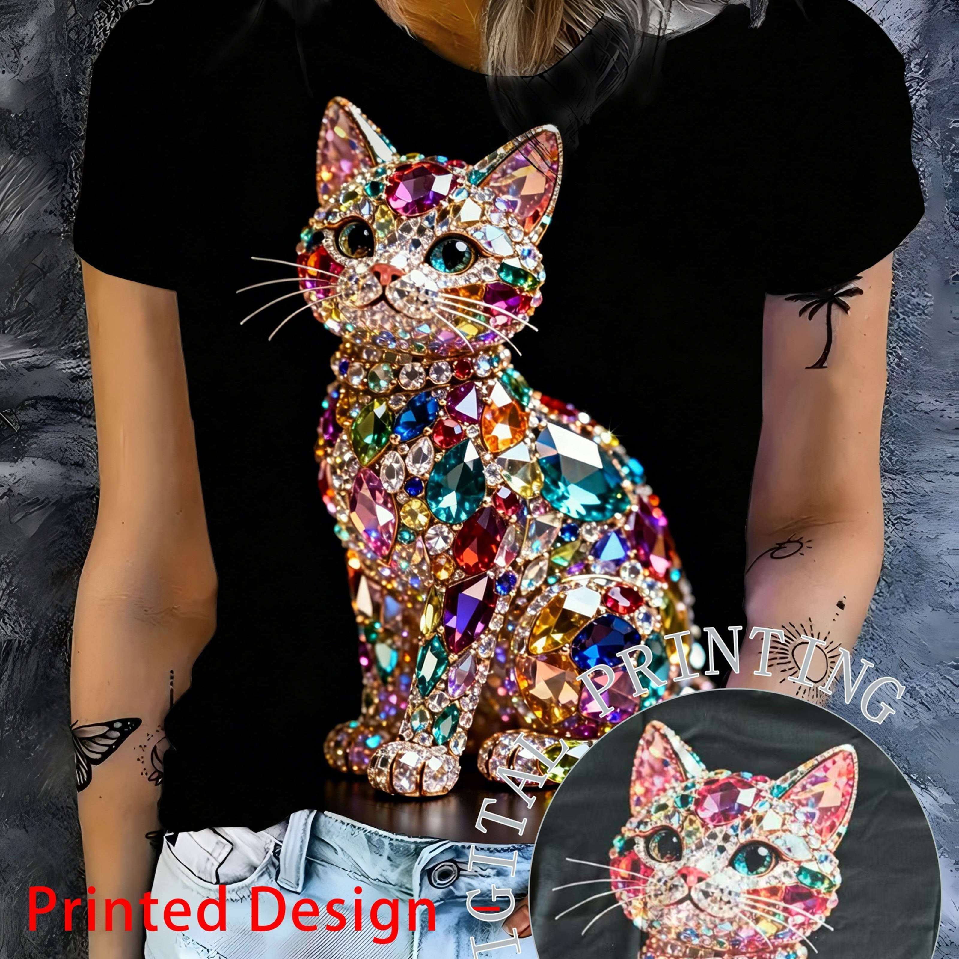 TEMU T-shirt graphique chat étincelante, cadeau pour des chats et des animaux, haut décontracté de tous