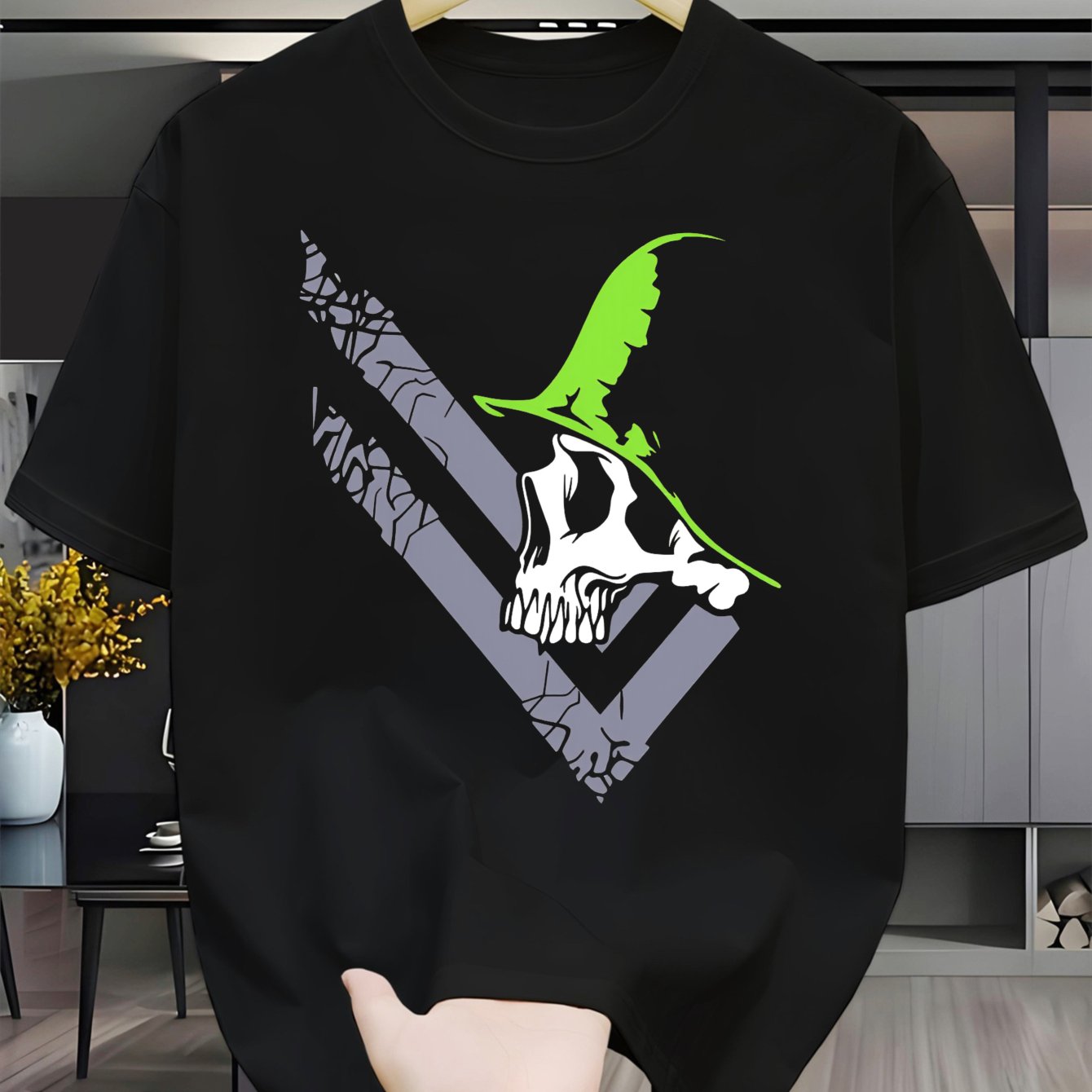 TEMU Unisex Casual Graphic T-shirt (skull With Hat) – Black Short-sleeve Crew Neck Halloween Style, Trendy Essential, Relaxed Fit | Spooky Print