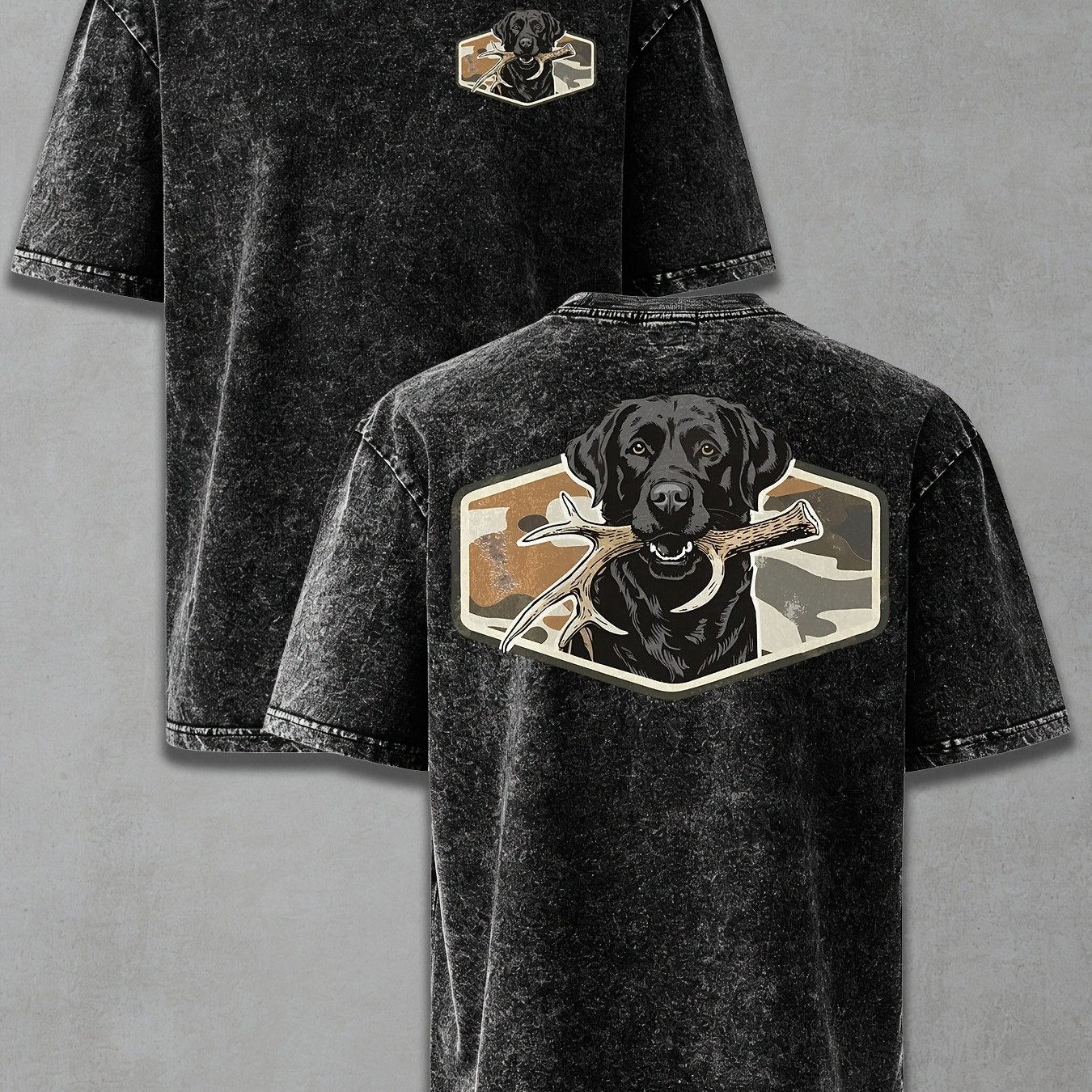 TEMU Men's Black Lab Deer Antler Print Vintage Washed T Shirt Oversized Retro Camo Distressed Washed T Shirt Hunting Dog Graphic Streetwear Summer