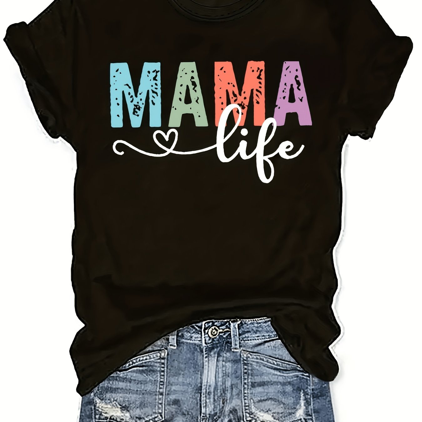 TEMU T-shirt décontracté pour femme à col ras du cou avec imprimé lettres MAMA Life, manches courtes, en tissu tricoté, haut en polyester 95 % et