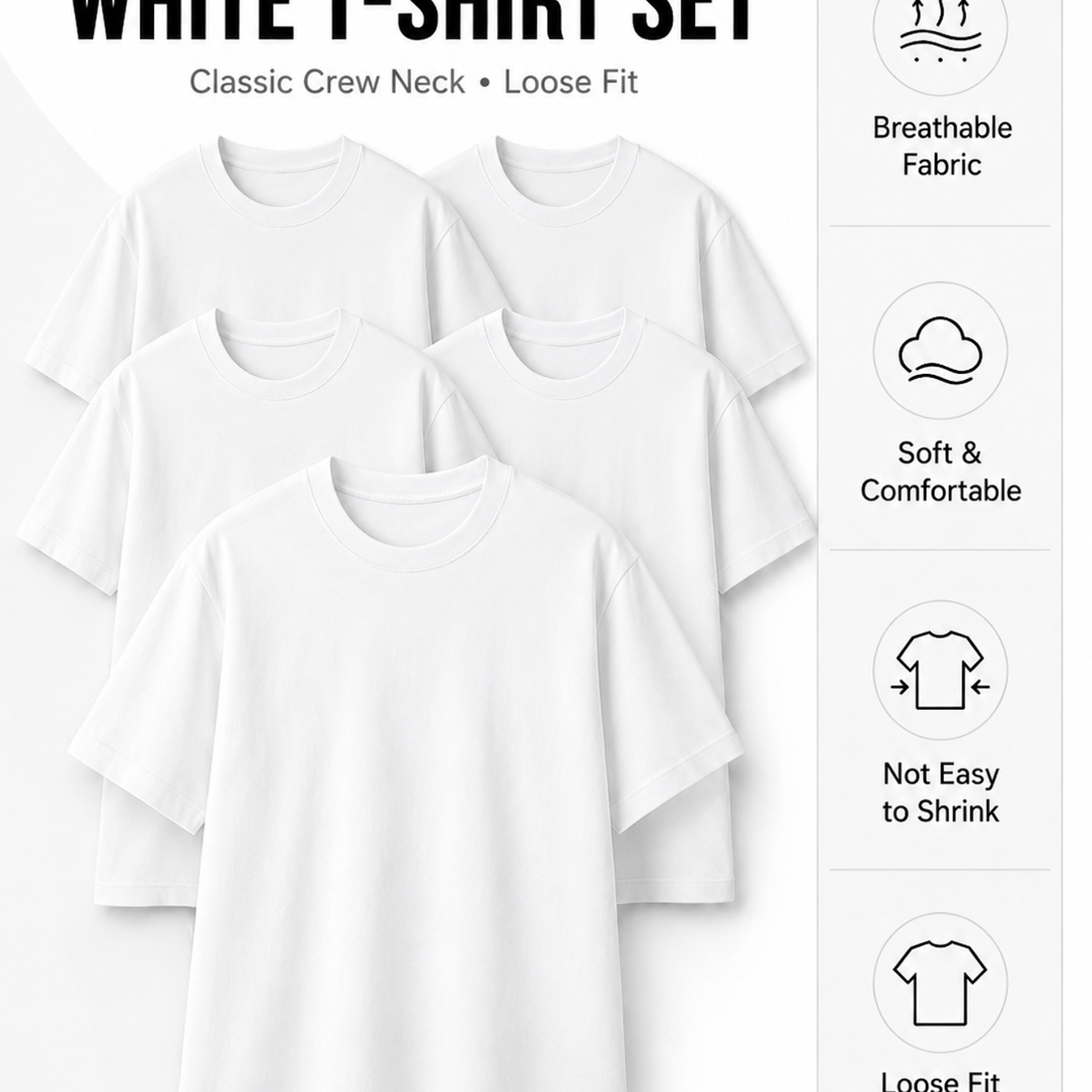 TEMU Ensemble de 5 T-shirts blancs pour hommes, T-shirts à manches courtes et col rond de couleur unie, Hauts décontractés classiques pour rotation