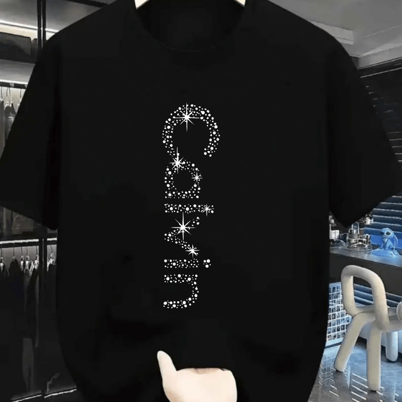 TEMU Unisex Sparkling Statement T-shirt (catrin Design With Rhinestones) – Black Short-sleeve Crew Neck Fashion Piece, Versatile Everyday Essential,