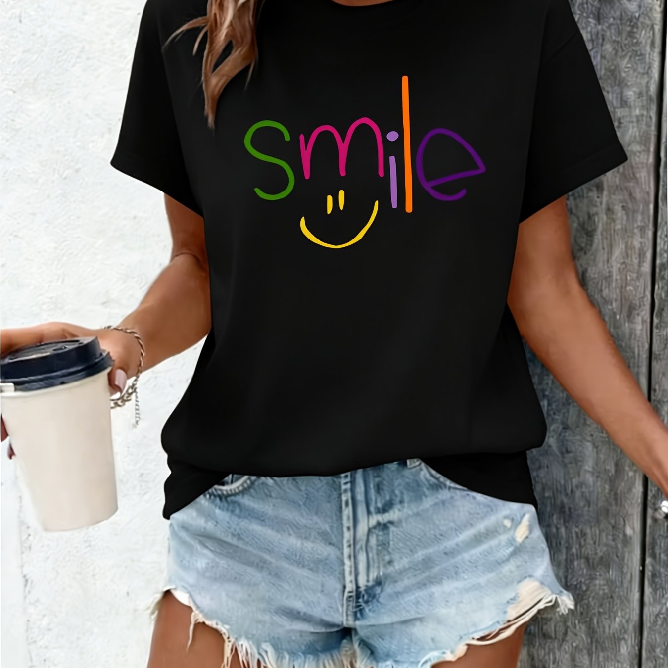 TEMU Plus Size Colorful Smile Text With I Designed As A Face Pattern New Summer Women's Short-sleeve T-shirt Top Casual And Fashionable Printed