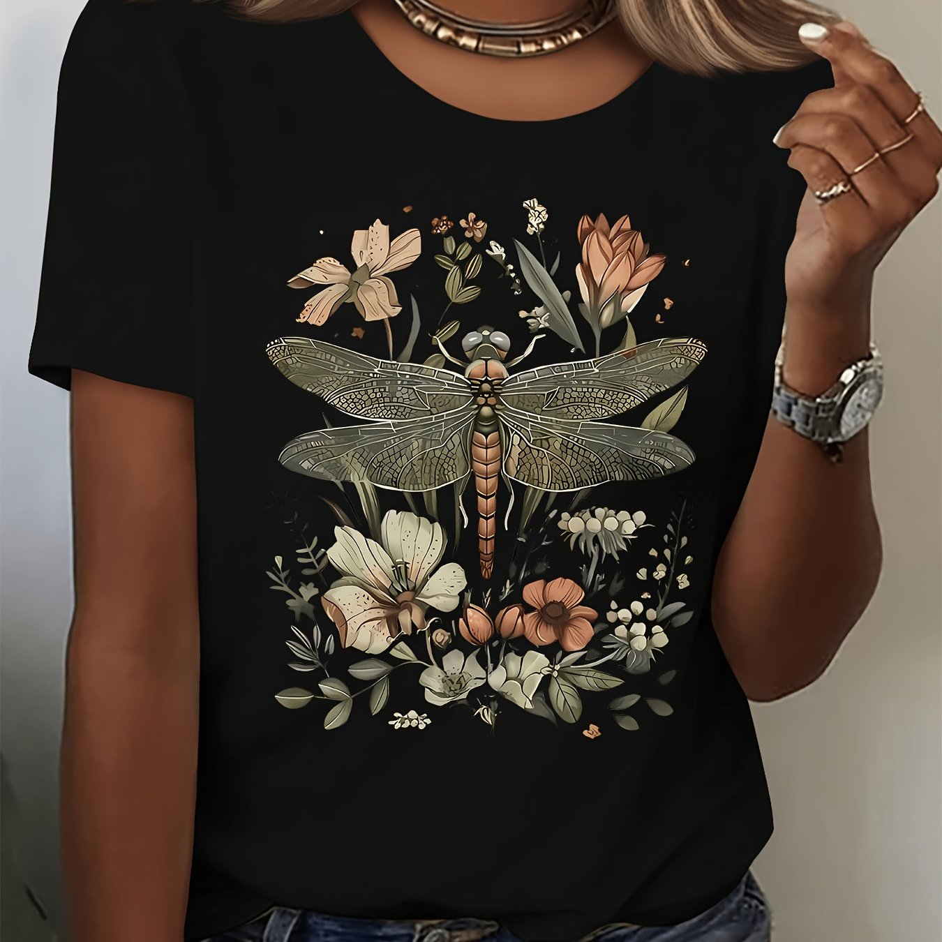 TEMU Dragonfly Floral Print T Shirt Loose Fit Round Neck Short Sleeve Blouse Suitable For Gym Training Party & Casual Wear Soft Stretchy Machine